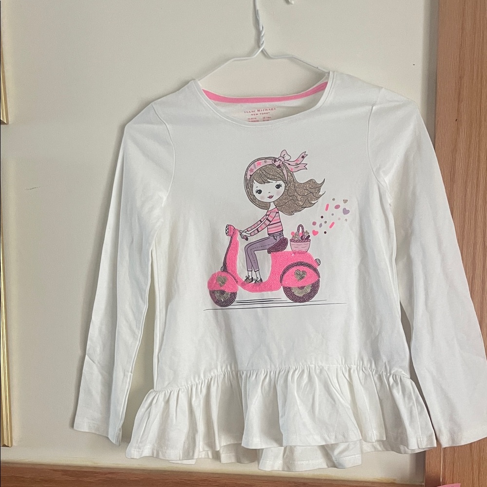 Isaac Mizrahi White and Pink Scooter Graphic Long Sleeve Tee